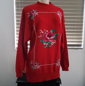 VINTAGE CHINAWEAR BY MORSLY RED KNIT FLORAL STICH PRINT SWEATER